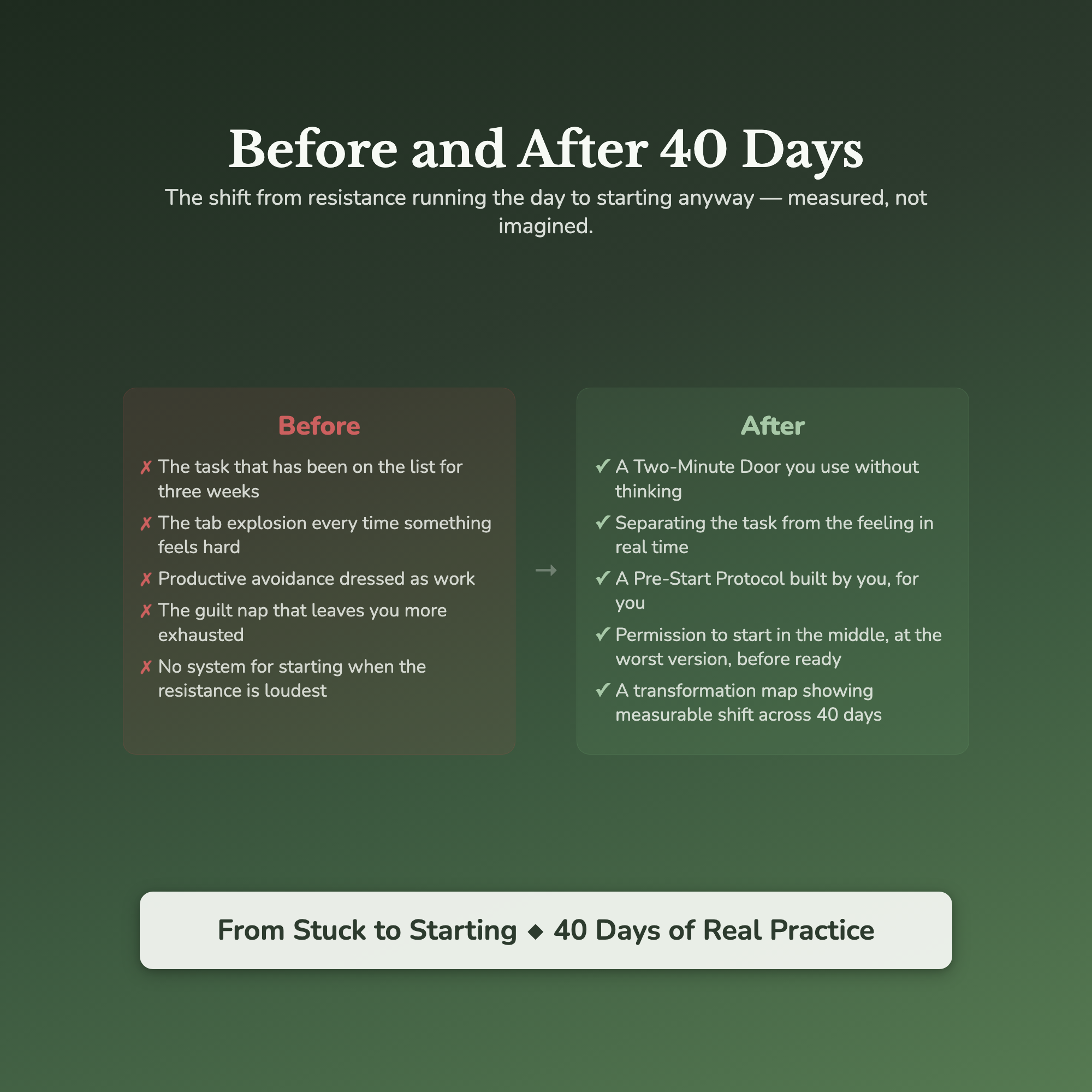Procrastination Workbook & 40-Day Guide — before and after transformation