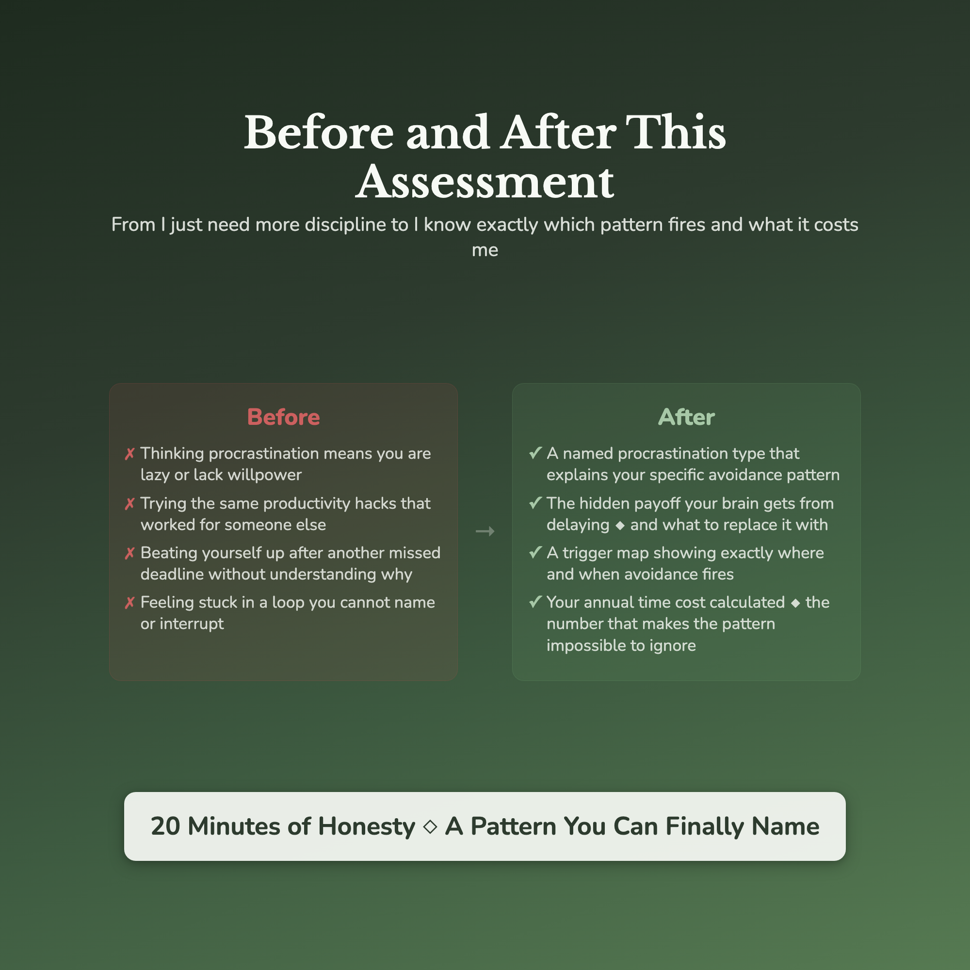 Procrastination Profile — before and after transformation