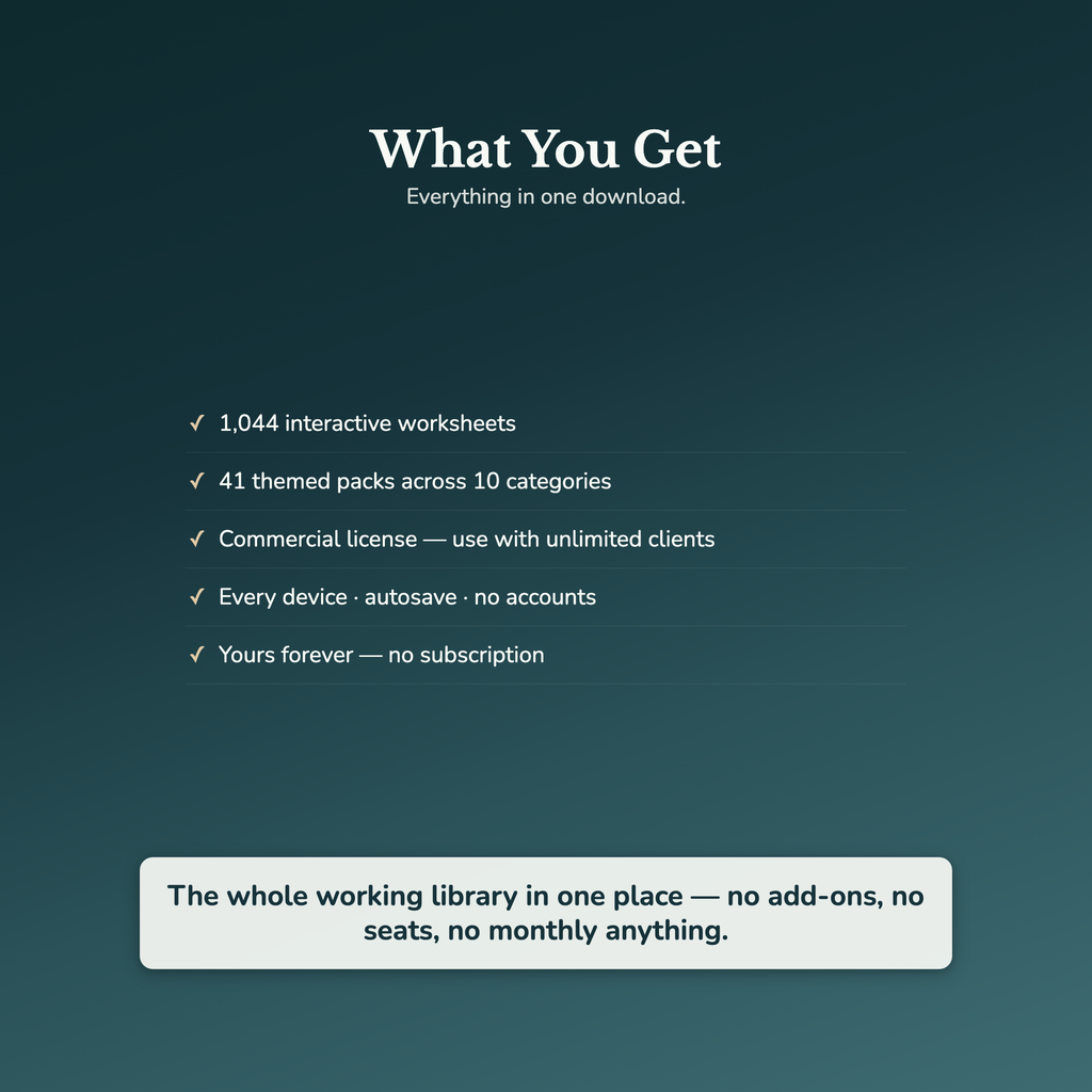Life Coach Worksheets – 1000+ Interactive Client Tools, Auto-Scoring – Commercial License
