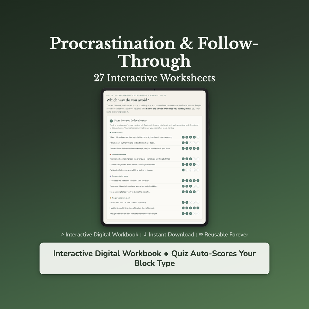 Procrastination Worksheets – Stop Putting It Off, Follow-Through, Task Paralysis – Interactive Worksheets Bundle