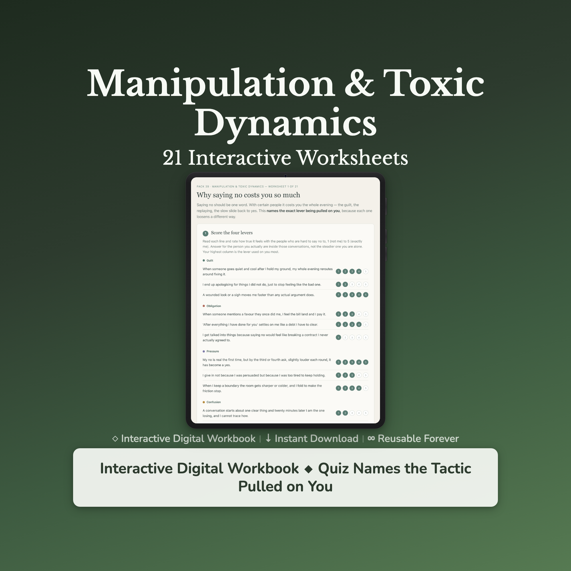 Manipulation & Toxic Patterns Worksheets – Gaslighting, Toxic Relationships, Red Flags – Interactive Worksheets Bundle