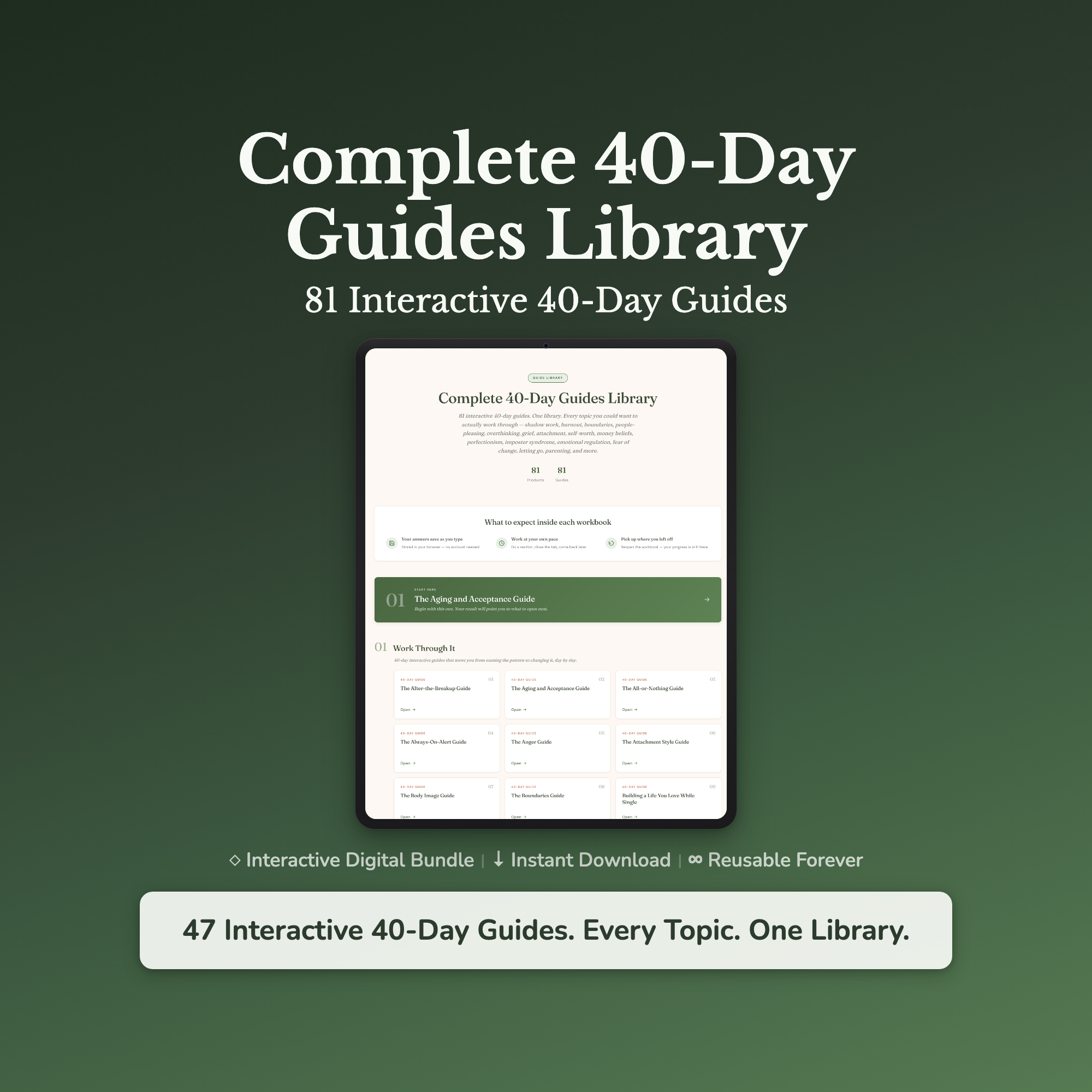 Self-Care Workbook & Guide Bundle – 50 Inner Work Topics – Interactive Digital Guide