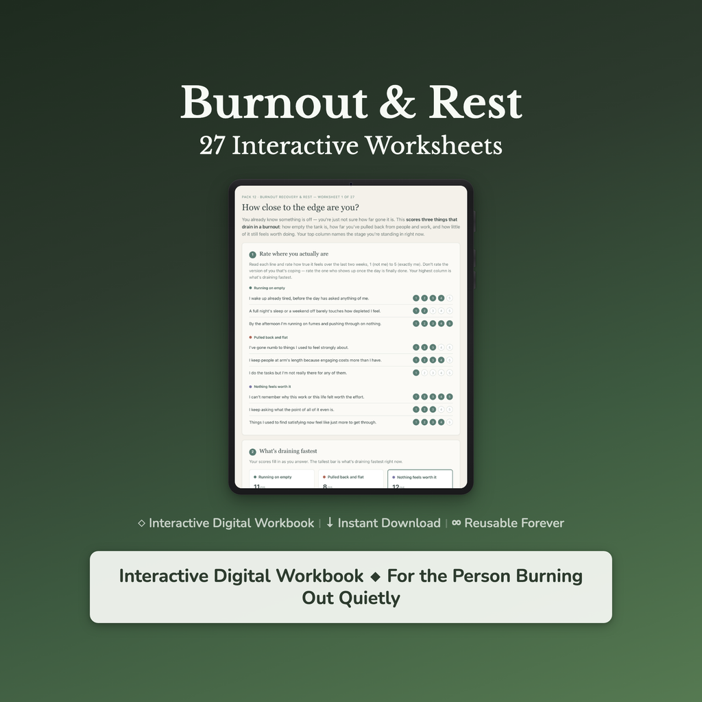Burnout Worksheets – Exhaustion, Can't Rest, Running on Empty, Overwhelm – Interactive Worksheets Bundle