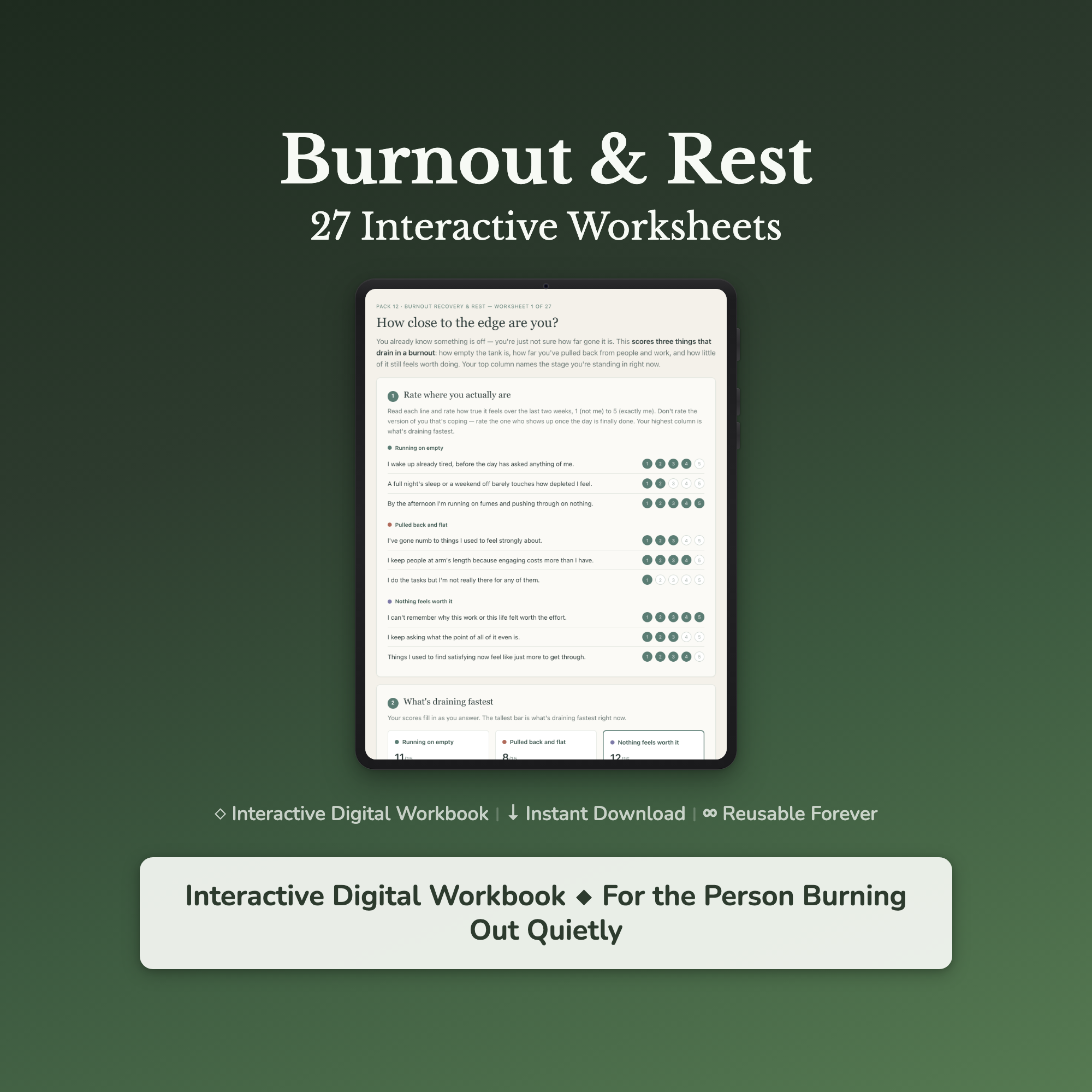 Burnout Worksheets – Exhaustion, Can't Rest, Running on Empty, Overwhelm – Interactive Worksheets Bundle
