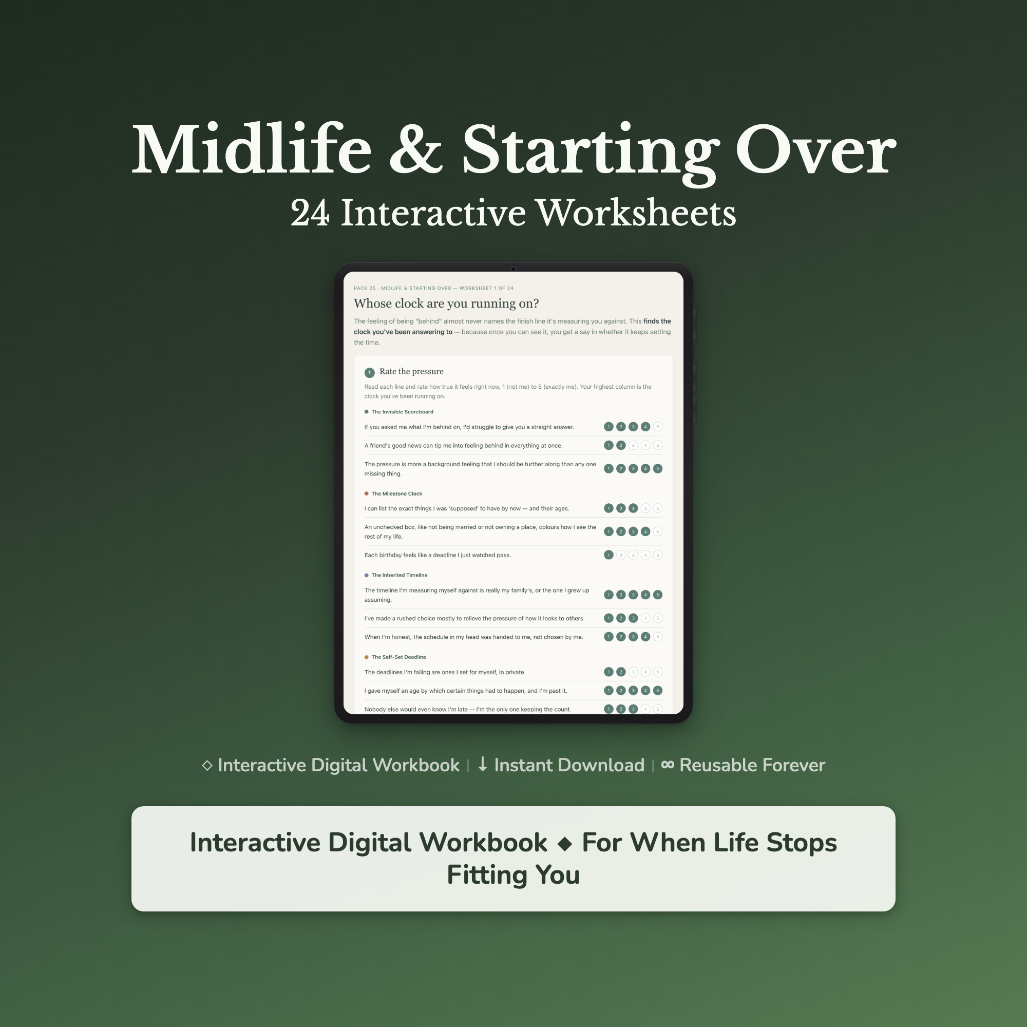 Midlife Crisis Worksheets – Starting Over, Second Chapter, Reinvention – Interactive Worksheets Bundle