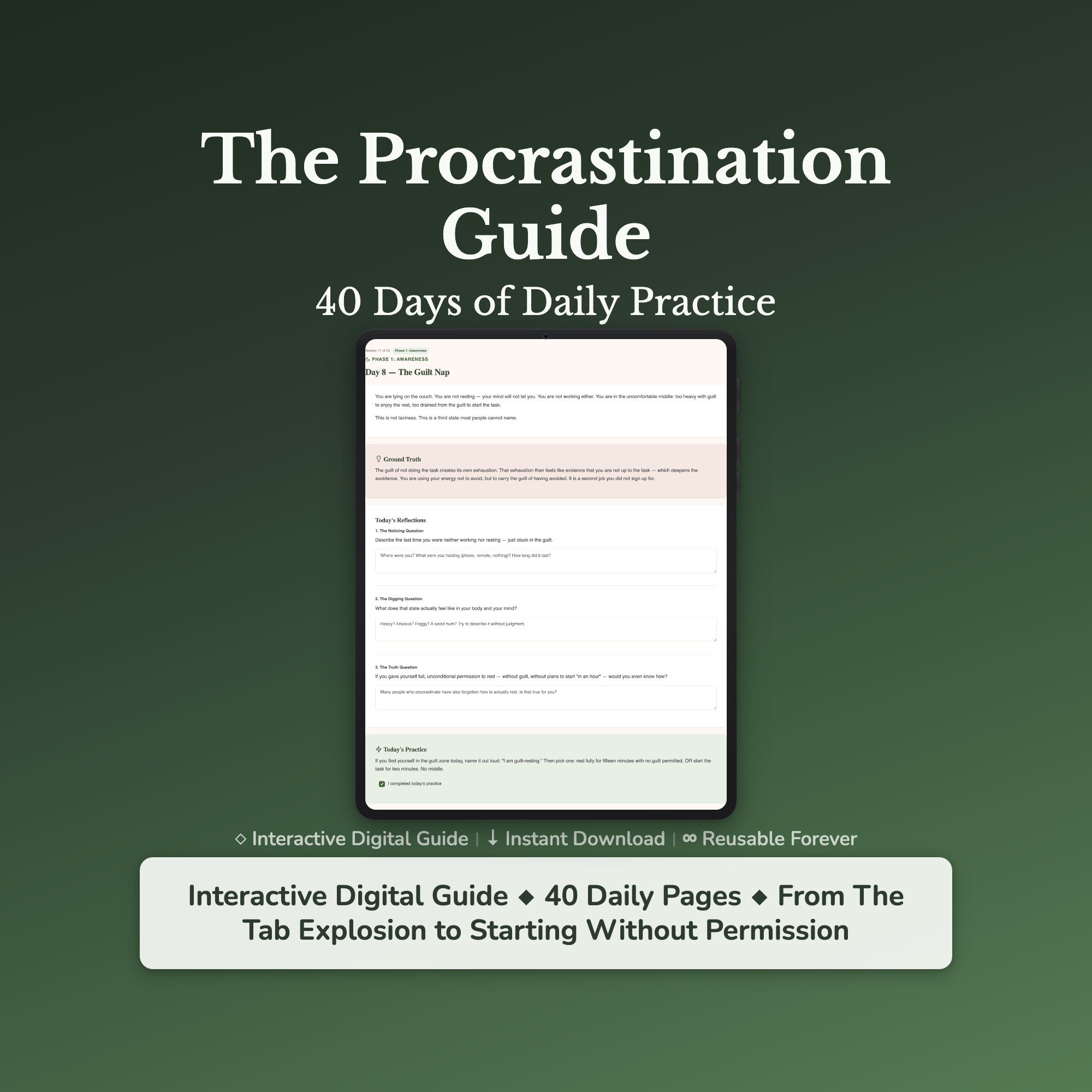 Procrastination Workbook & 40-Day Guide — interactive workbook cover