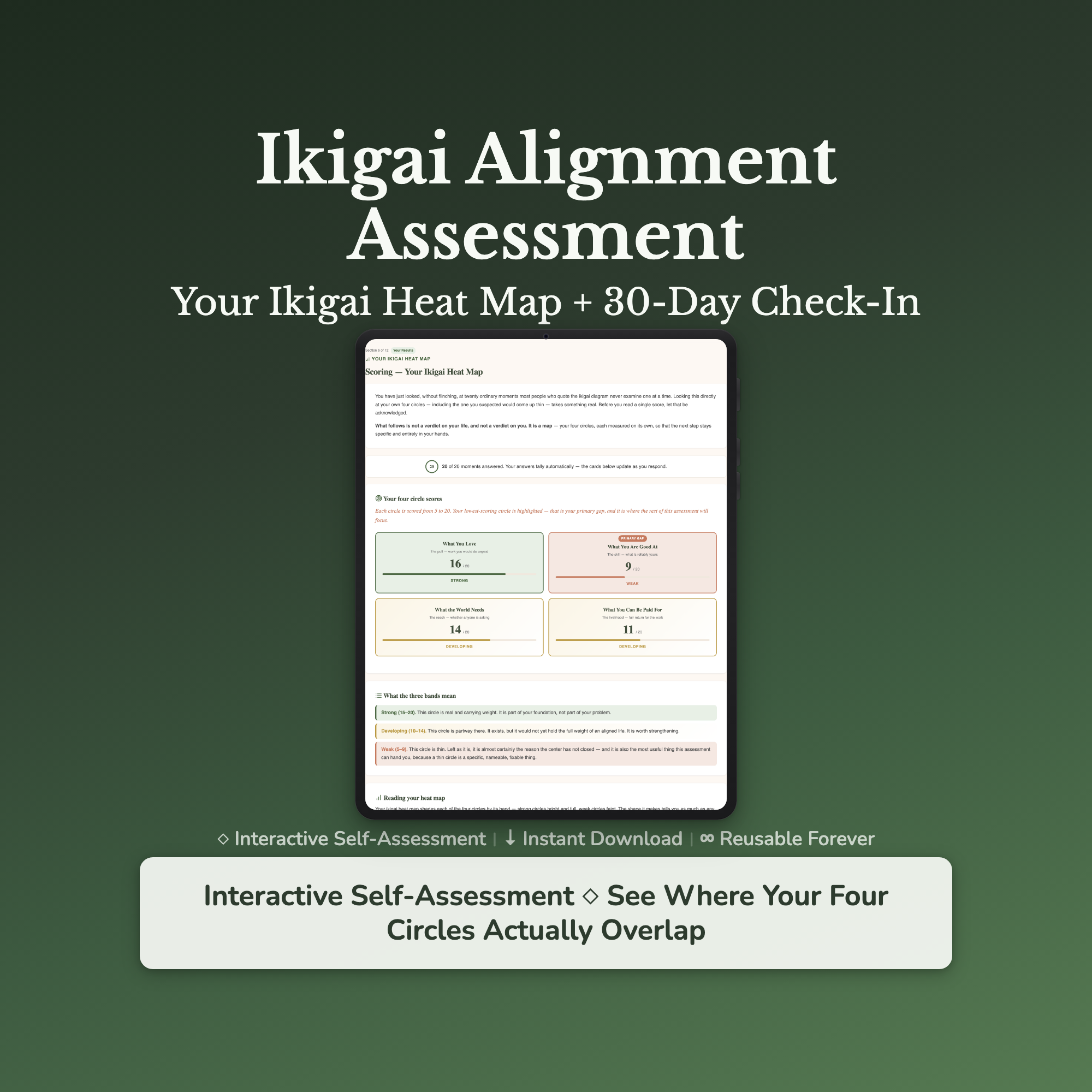 Ikigai Quiz & Workbook – Find Your Reason for Being – Interactive Self-Assessment