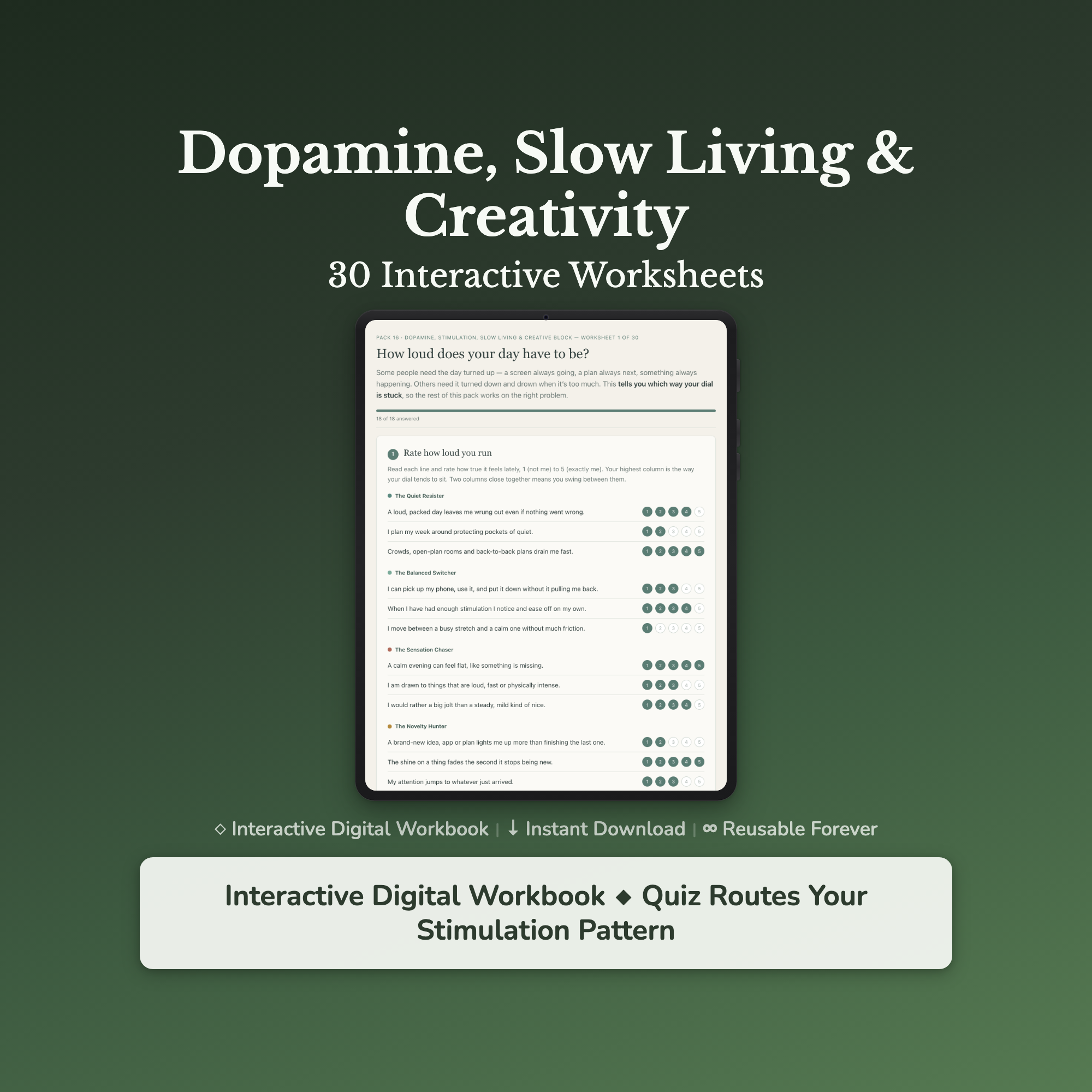 Dopamine Reset Worksheets – Overstimulation, Screen Habits, Slow Living, Boredom – Interactive Worksheets Bundle