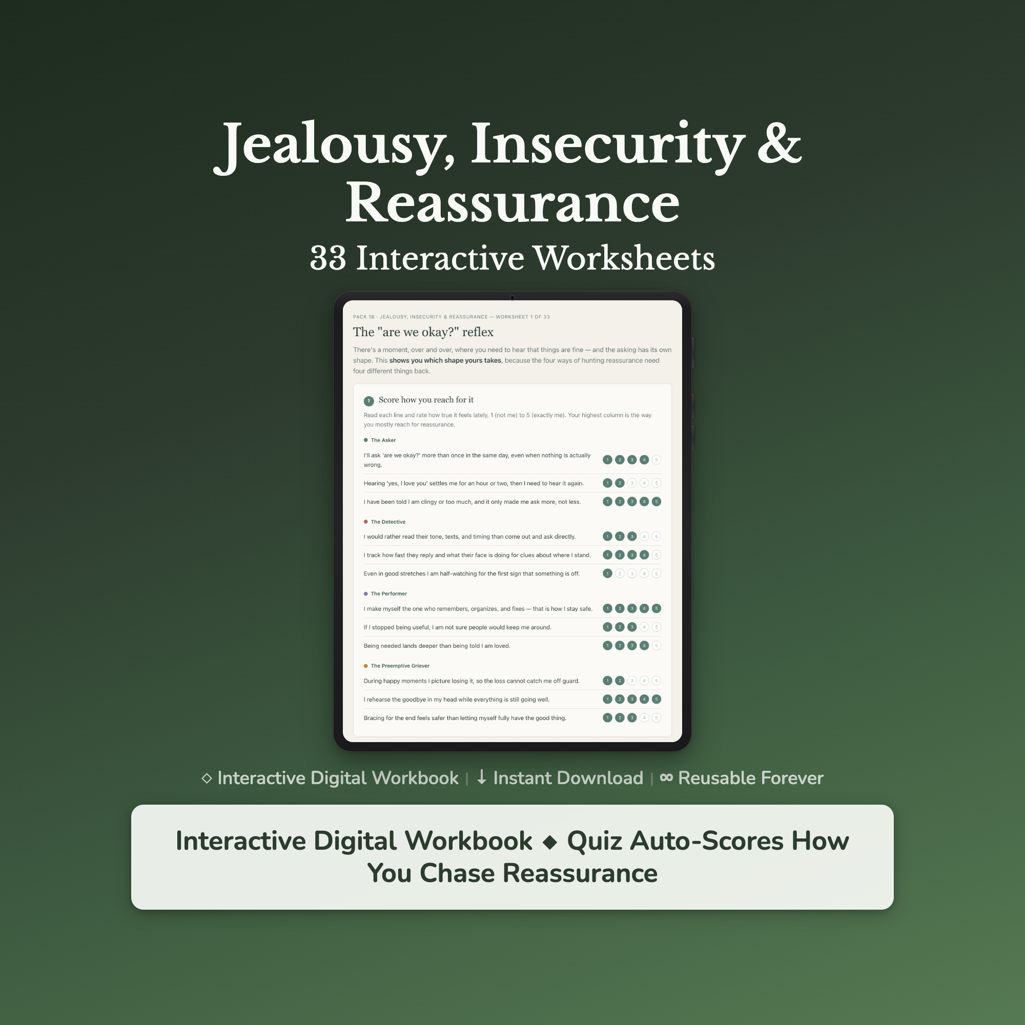 Jealousy & Insecurity Worksheets – Reassurance, Trust Issues, Fear of Losing Them – Interactive Worksheets Bundle