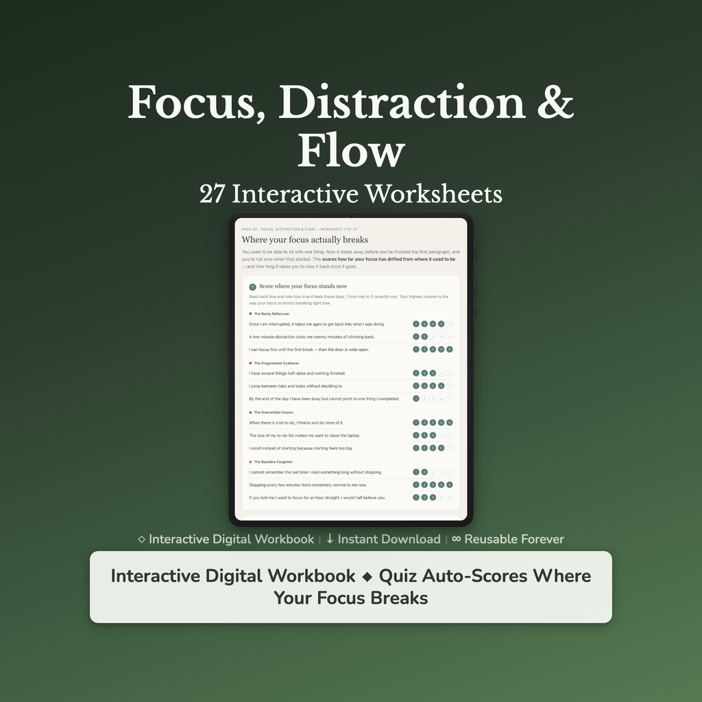 Focus & Distraction Worksheets – Beat Distraction, Flow State, Attention Span – Interactive Worksheets Bundle