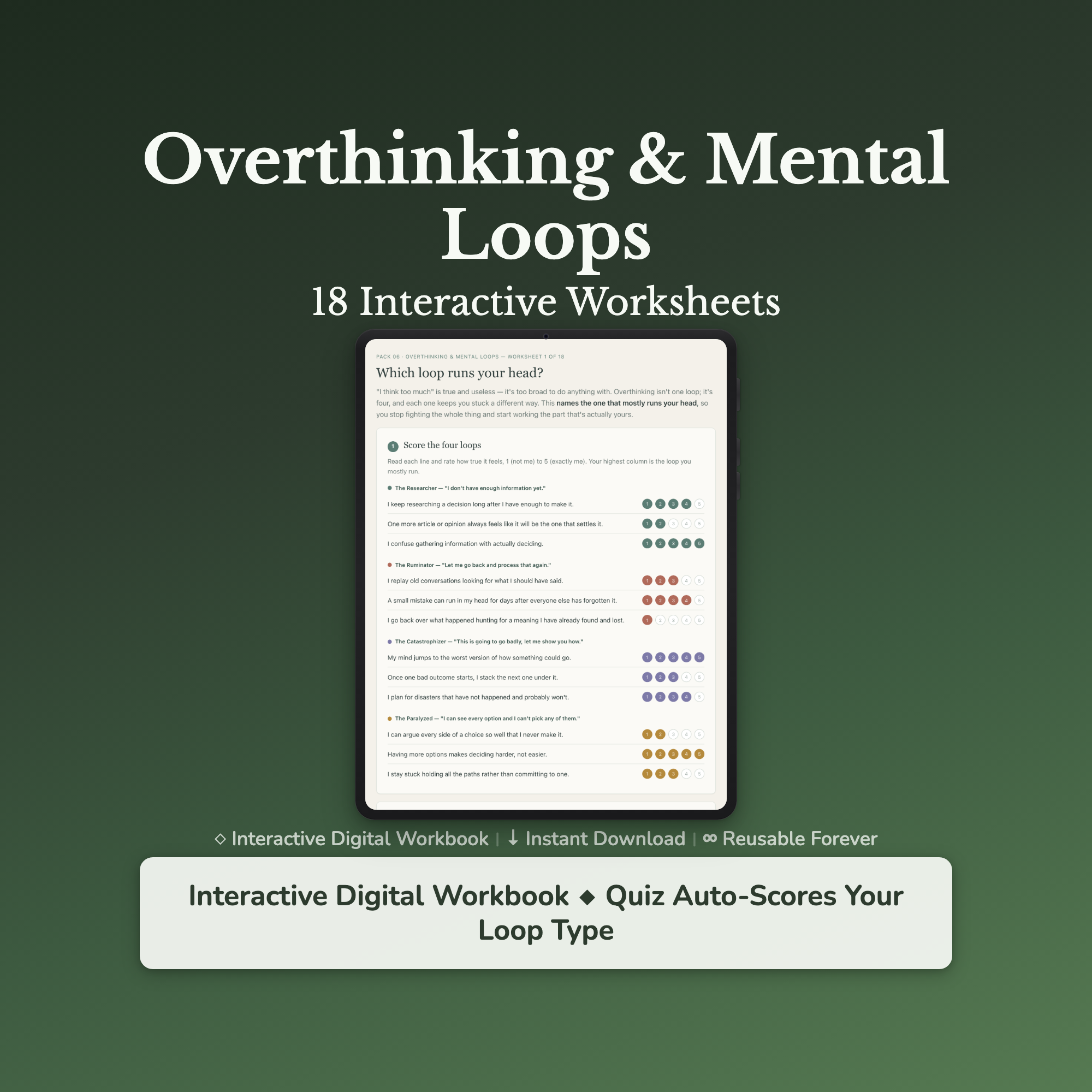 Overthinking Worksheets – Rumination, Racing Thoughts, Analysis Paralysis, Worry – Interactive Worksheets Bundle