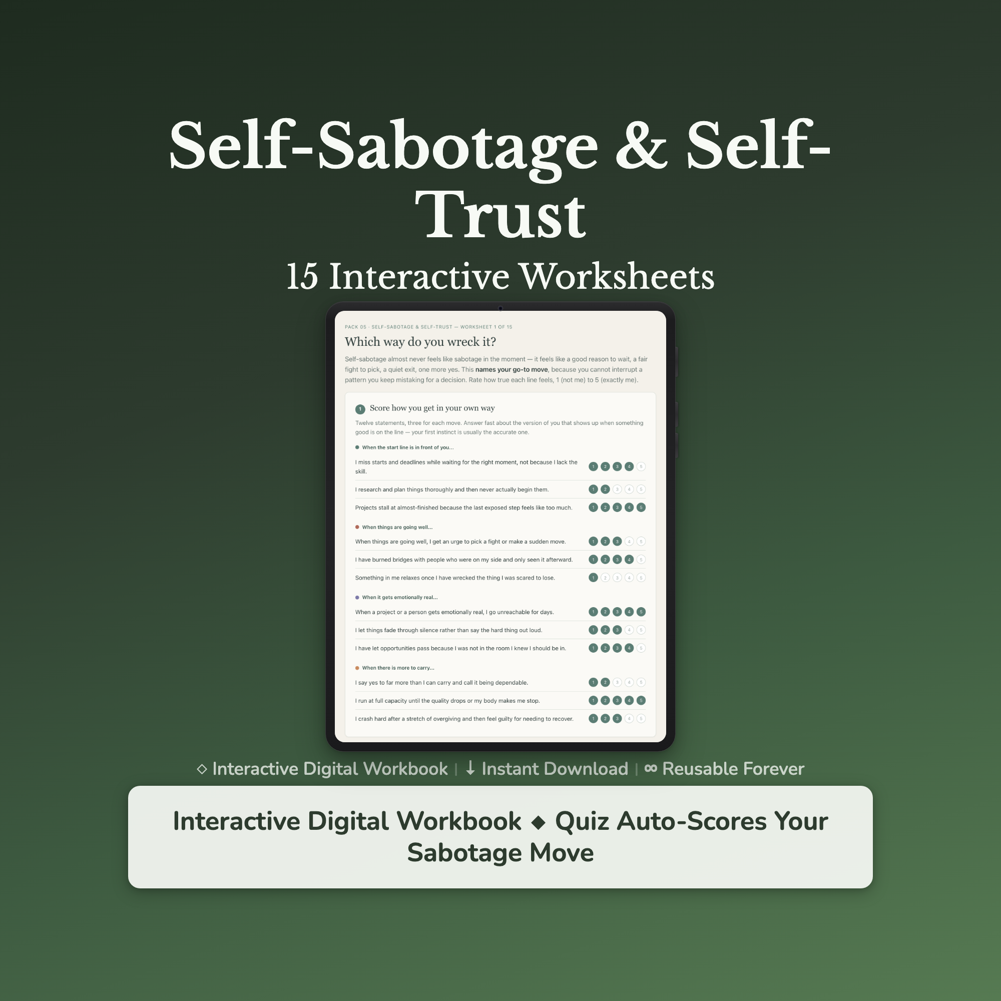Self-Sabotage Worksheets – Self-Trust, Getting in Your Own Way, Fear of Success – Interactive Worksheets Bundle