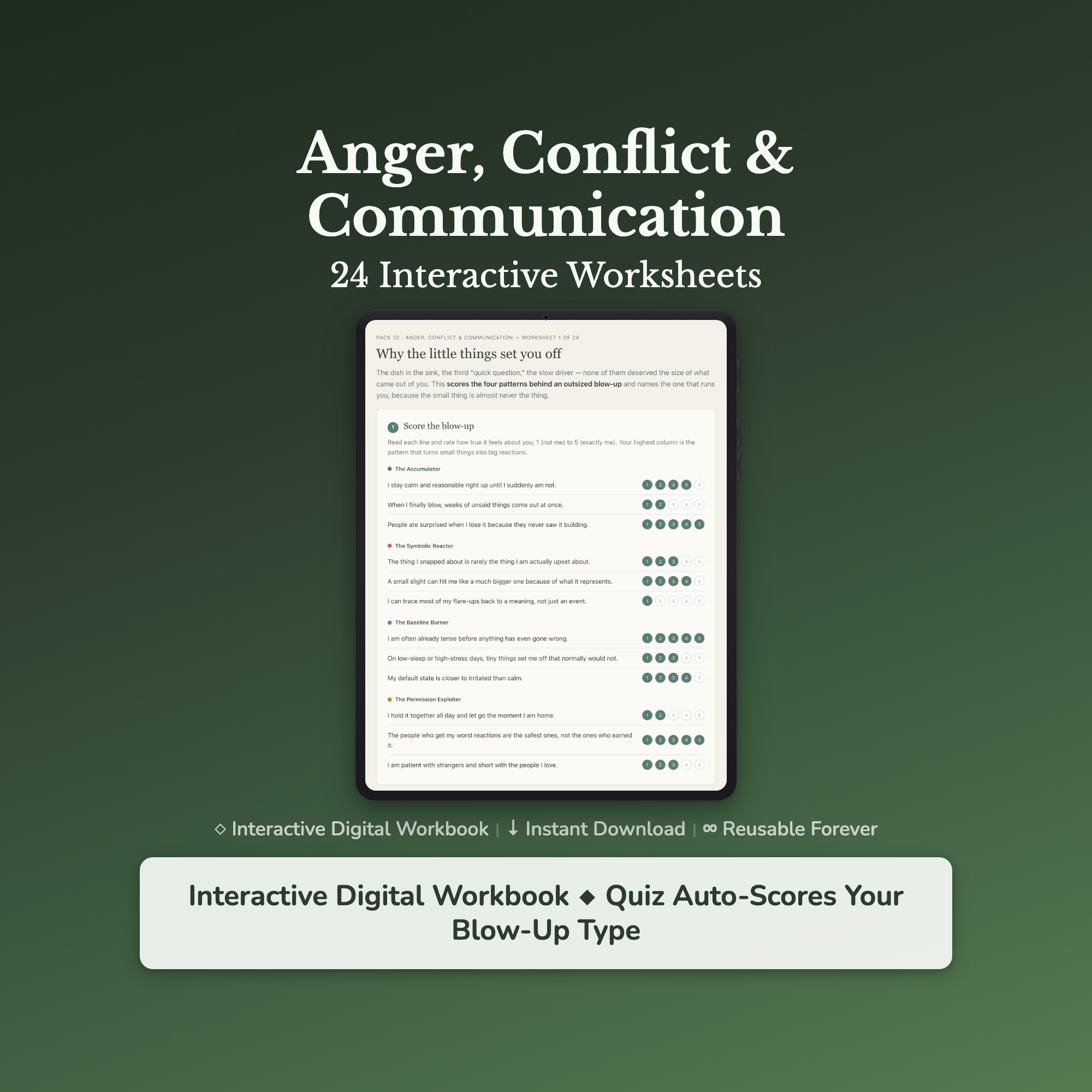 Anger Management Worksheets – Irritability, Reactivity, Triggers, Conflict – Interactive Worksheets Bundle