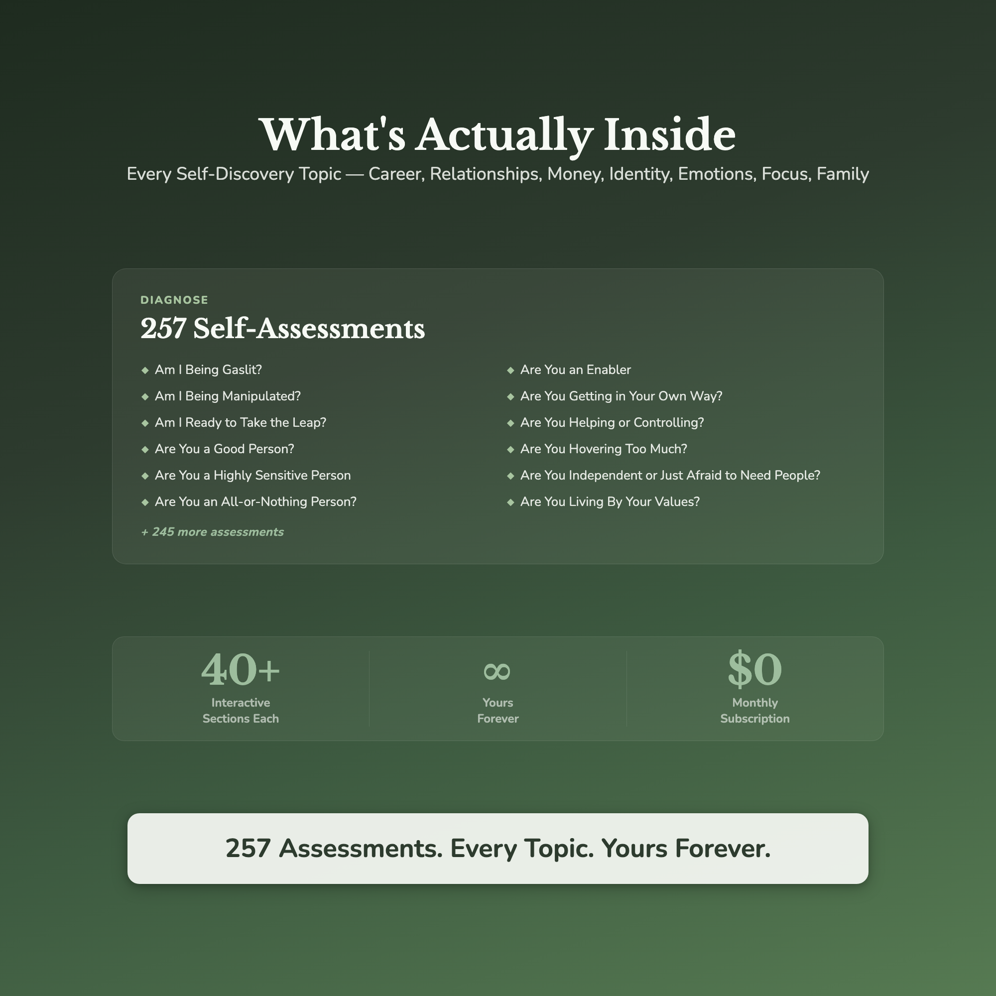 What's inside — 257 assessments