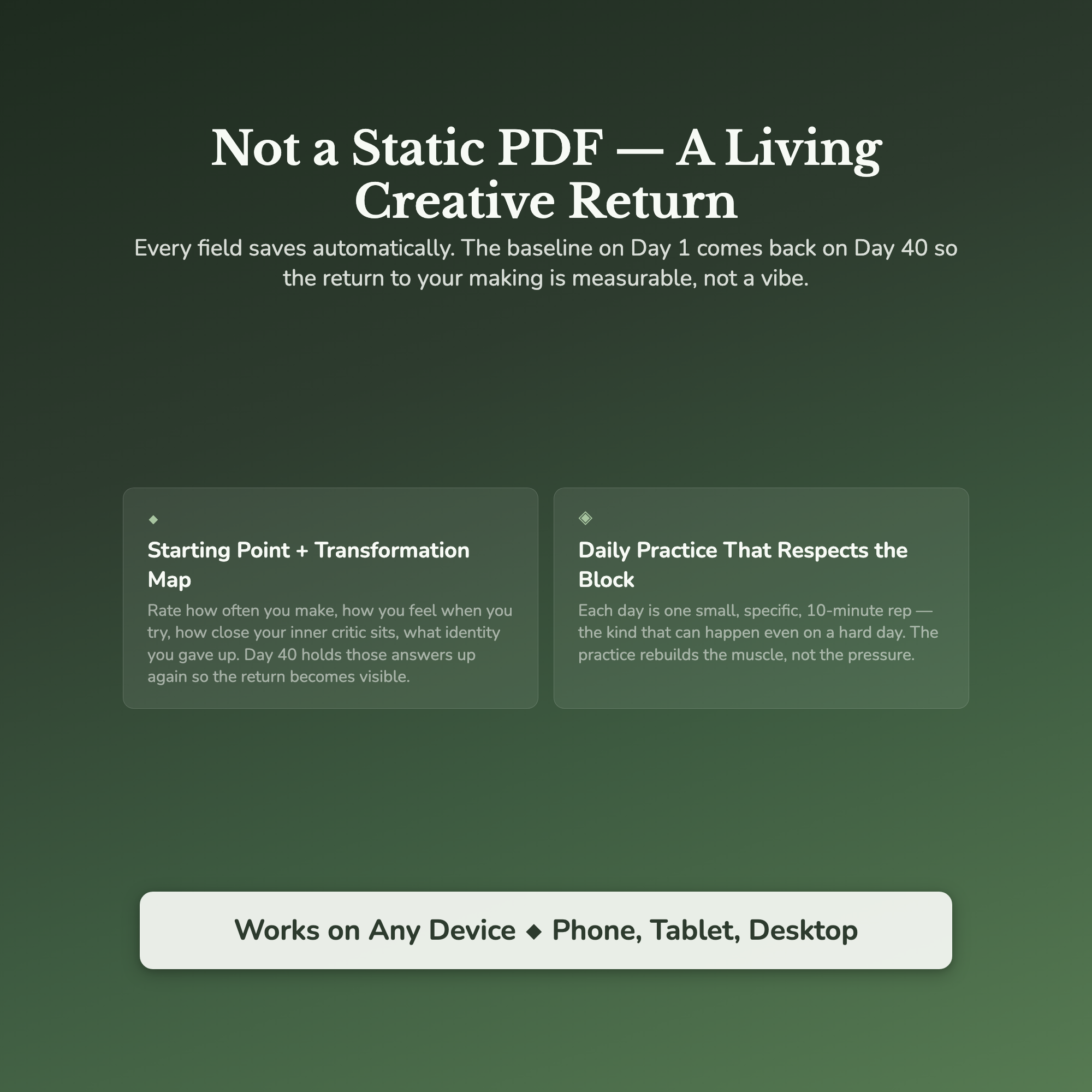 Creative Block Workbook & 40-Day Guide — interactive features and tools
