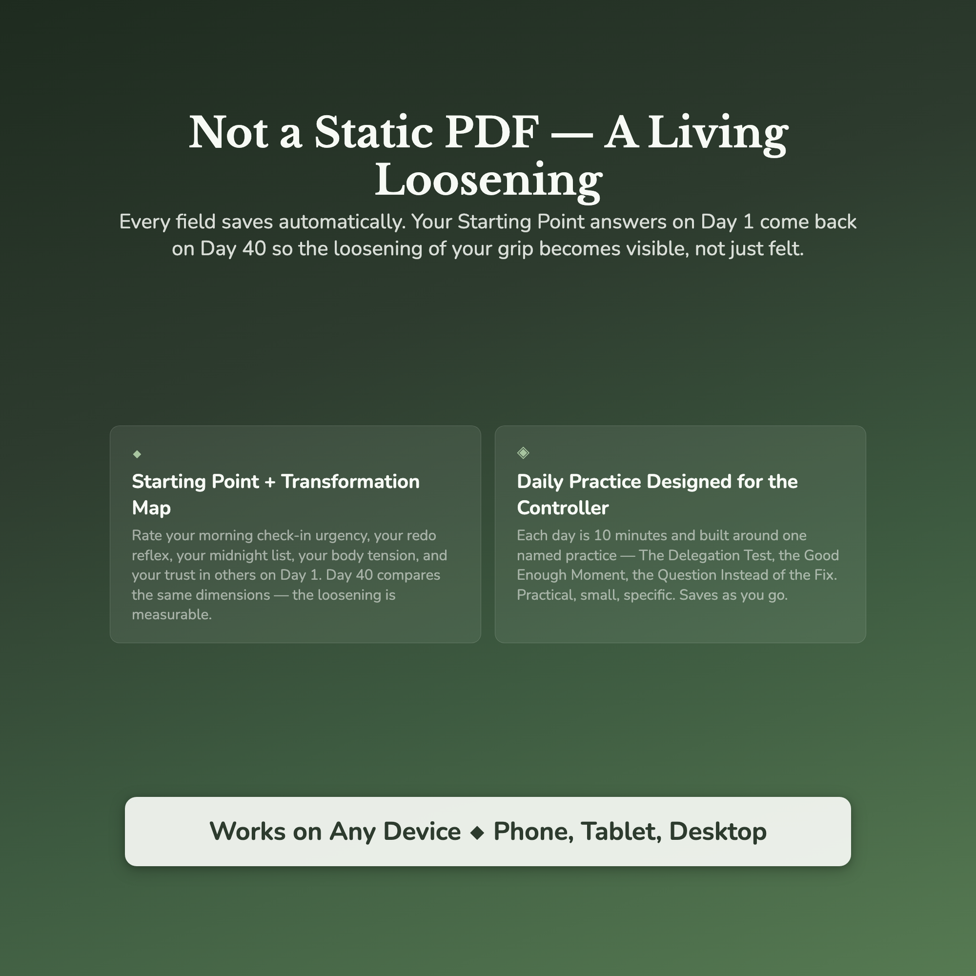 Control Freak Workbook & 40-Day Guide — interactive features and tools