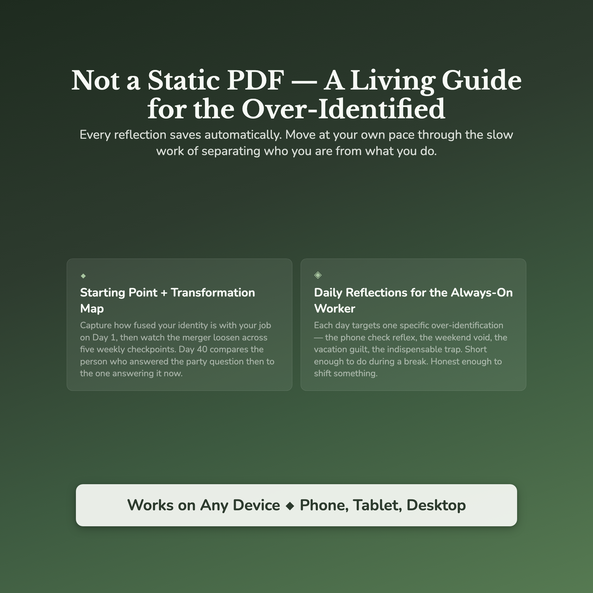 Work Identity Workbook & 40-Day Guide — interactive features and tools