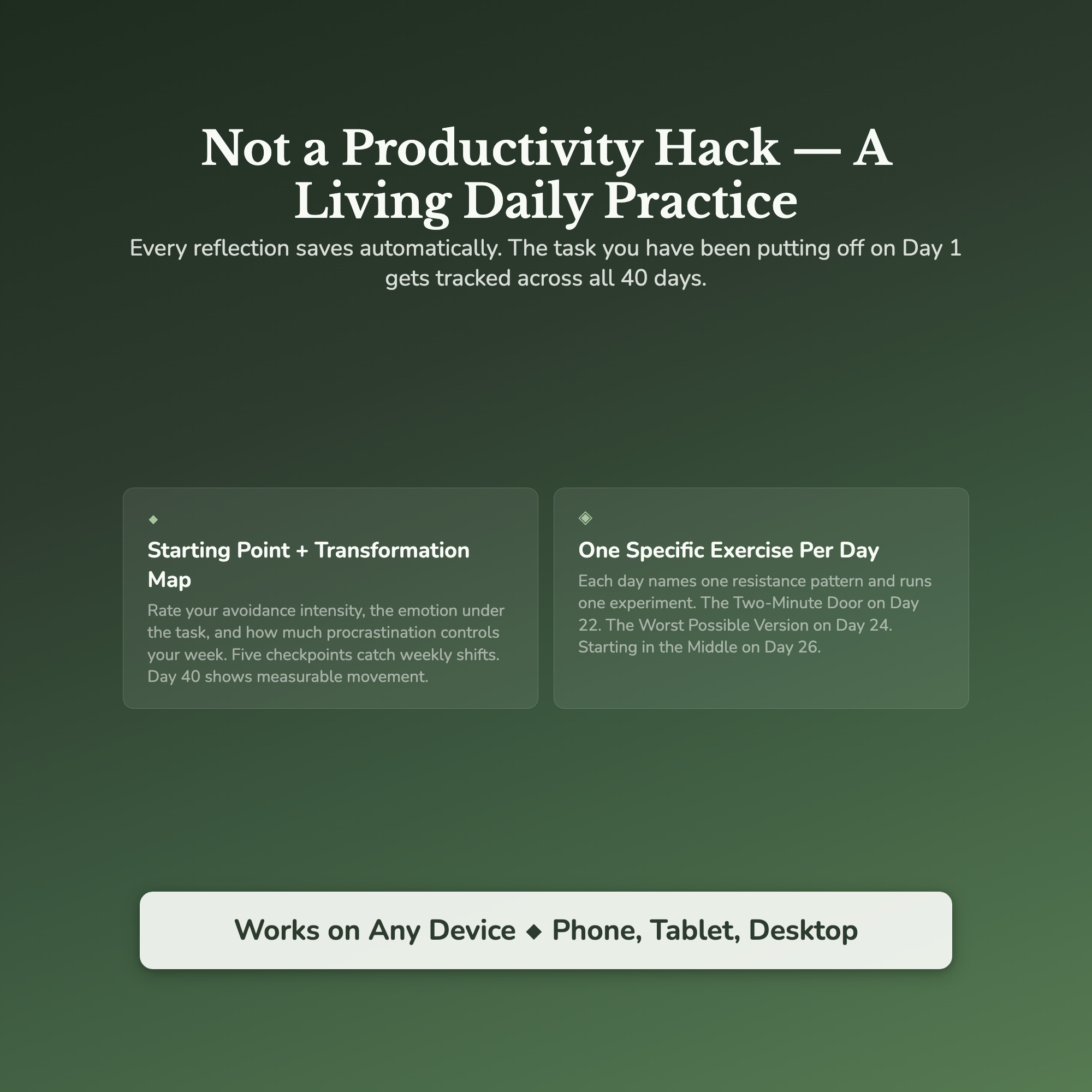 Procrastination Workbook & 40-Day Guide — interactive features and tools
