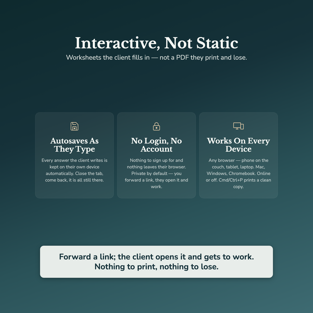 Life Coach Worksheets – 1000+ Interactive Client Tools, Auto-Scoring – Commercial License