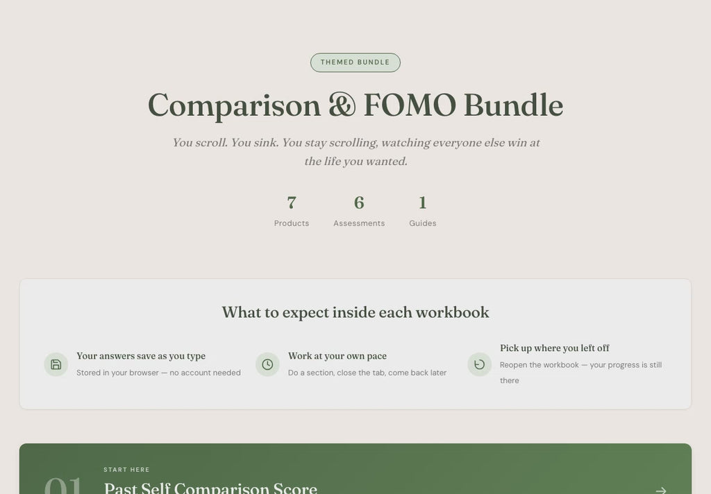 Life Coach Tools – 7 Interactive Comparison & FOMO Assessments